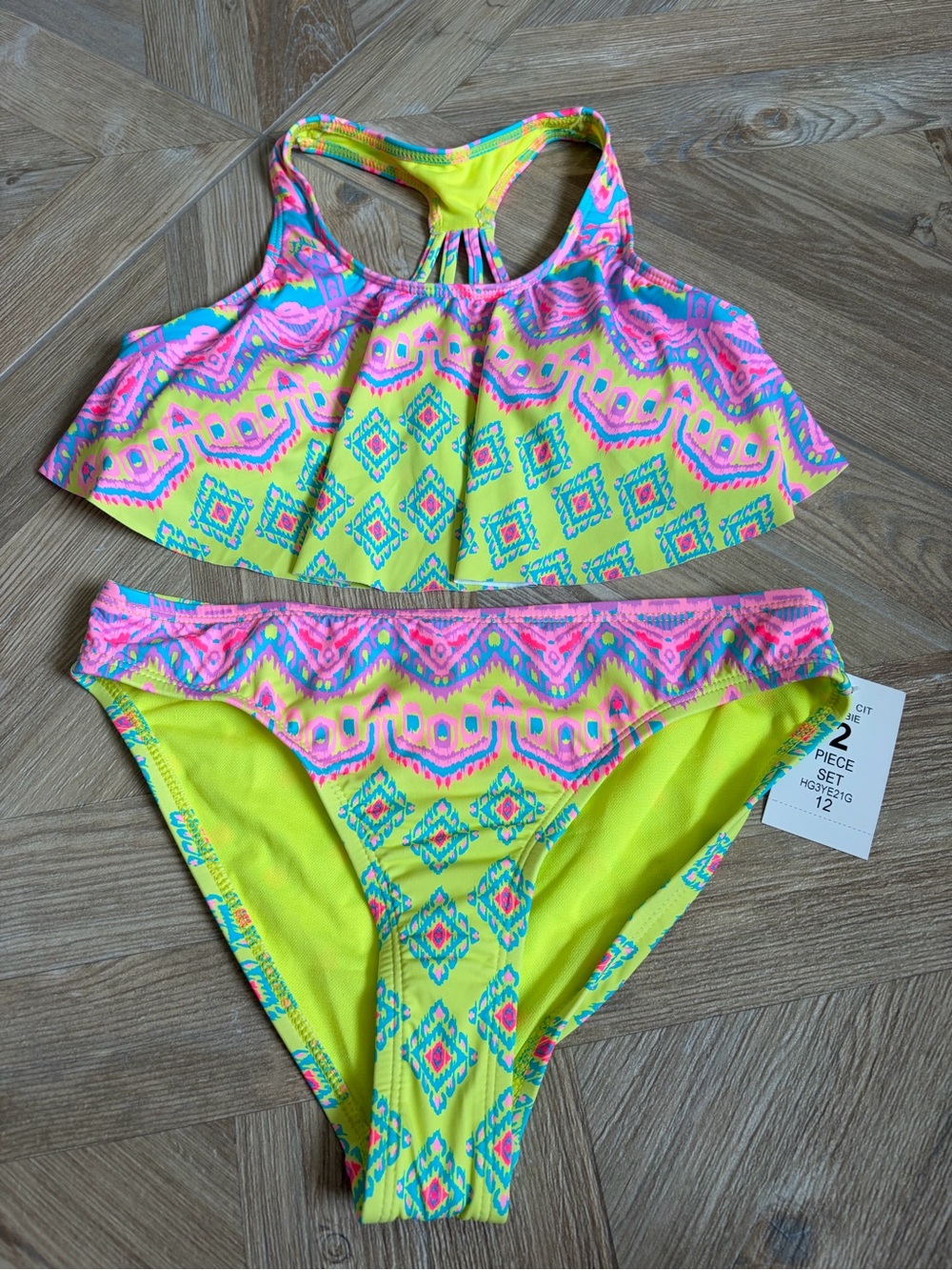 Hobie Flounce Bralette Bikini Top Hipster Bottom Swimsuit Citron Ikat Tides
